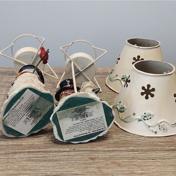 VTG Set of 2 Christmas Ceramic Snowman Metal Shade Tealight Holders - Picture 13 of 16
